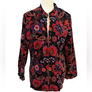 Koret Blazer XL Black Red Faux Velvet Long Sleeve Paisley Floral Abstract Jacket